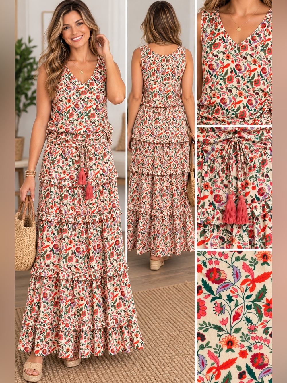 Gibson Latimer XL NWT Floral Ruffle Tiered Maxi Skirt & Blouse Set